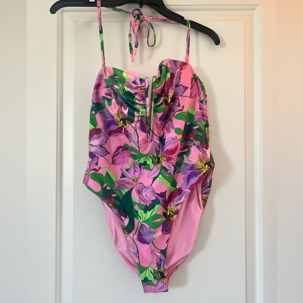 Express Pink and Green Body Contour high cut Swimwear in Size Large